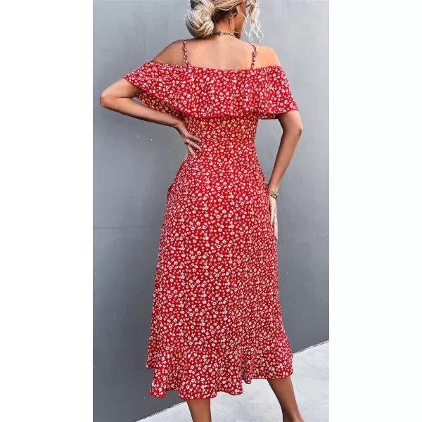 CHARTOU Women's Sexy Spaghetti Strap Ruffled Cold Shoulder Floral Print Irregular Boho Dress