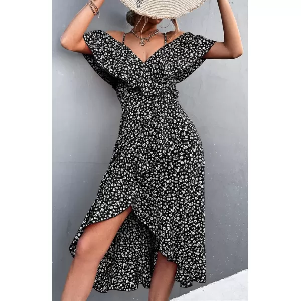 CHARTOU Women's Sexy Spaghetti Strap Ruffled Cold Shoulder Floral Print Irregular Boho Dress