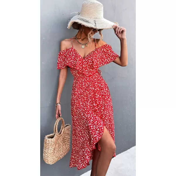 CHARTOU Women's Sexy Spaghetti Strap Ruffled Cold Shoulder Floral Print Irregular Boho Dress