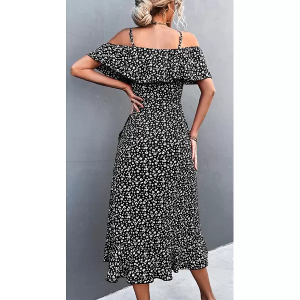 CHARTOU Women's Sexy Spaghetti Strap Ruffled Cold Shoulder Floral Print Irregular Boho Dress