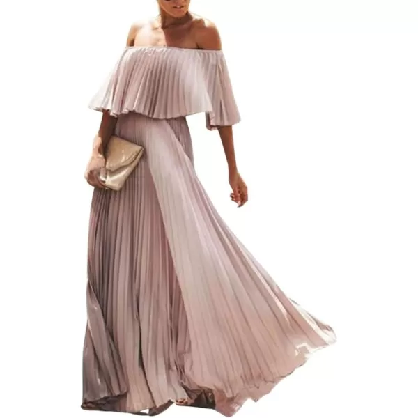 CHARTOU Women's Chiffon Off Shoulder Pleated Maxi Dress Party Beach Flowy Ruffle Tube Dress