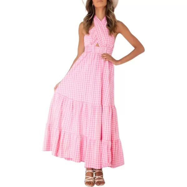 CHARTOU Women's Sexy Halter Cutout Plaid Ruffle A Line Maxi Dress Backless Party Flowy Tank Dress