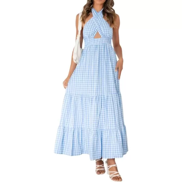 CHARTOU Women's Sexy Halter Cutout Plaid Ruffle A Line Maxi Dress Backless Party Flowy Tank Dress