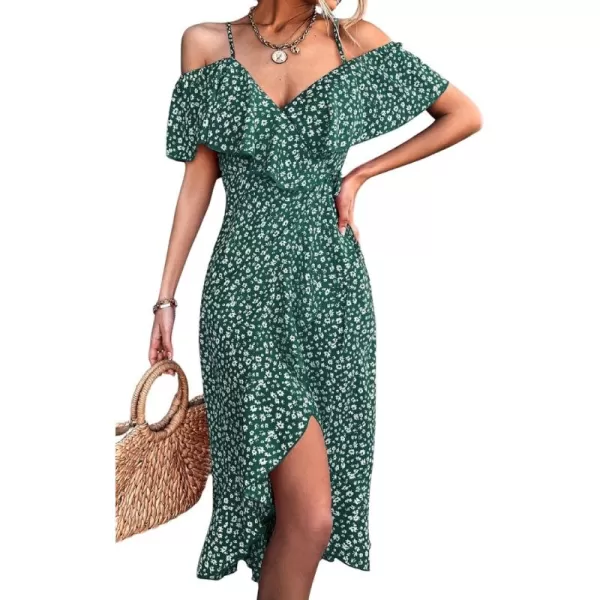 CHARTOU Women's Sexy Spaghetti Strap Ruffled Cold Shoulder Floral Print Irregular Boho Dress