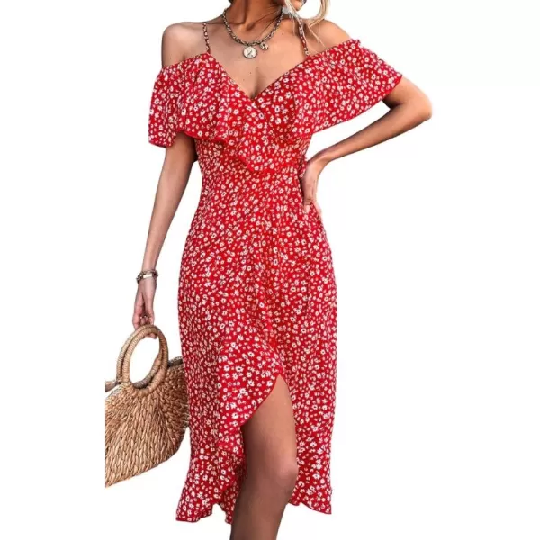 CHARTOU Women's Sexy Spaghetti Strap Ruffled Cold Shoulder Floral Print Irregular Boho Dress