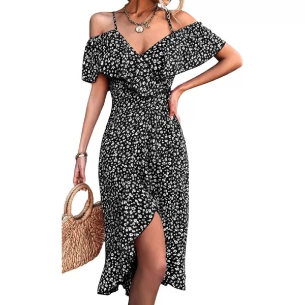 CHARTOU Women's Sexy Spaghetti Strap Ruffled Cold Shoulder Floral Print Irregular Boho Dress