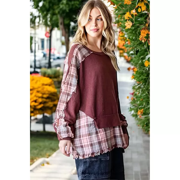 CHARTOU Oversized Sweatshirt for Women Patchwork Plaid Long Sleeve Checkered Raw Hem Loose Pullover Y2k Shirt Top