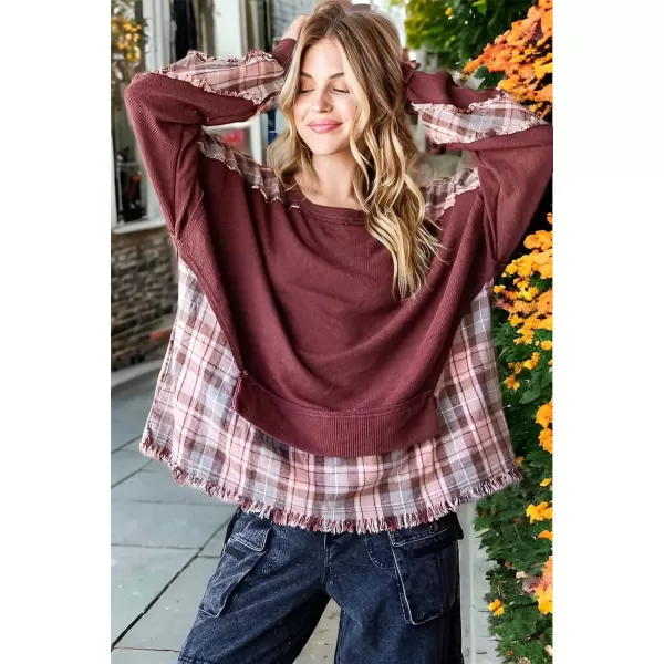 CHARTOU Oversized Sweatshirt for Women Patchwork Plaid Long Sleeve Checkered Raw Hem Loose Pullover Y2k Shirt Top