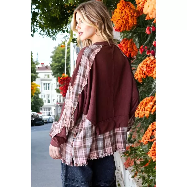 CHARTOU Oversized Sweatshirt for Women Patchwork Plaid Long Sleeve Checkered Raw Hem Loose Pullover Y2k Shirt Top