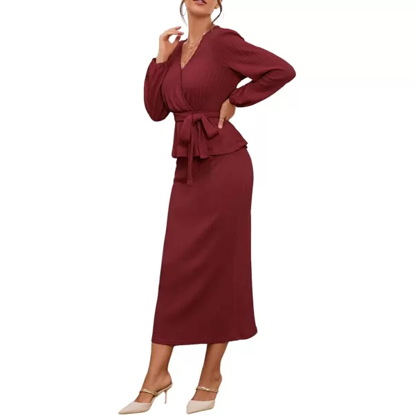 CHARTOU Women 2 Piece Knit Skirt Set Office Work Peplum Sweater Skirt Set Outfits with Belt