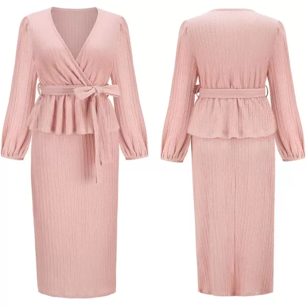CHARTOU Women 2 Piece Knit Skirt Set Office Work Peplum Sweater Skirt Set Outfits with Belt