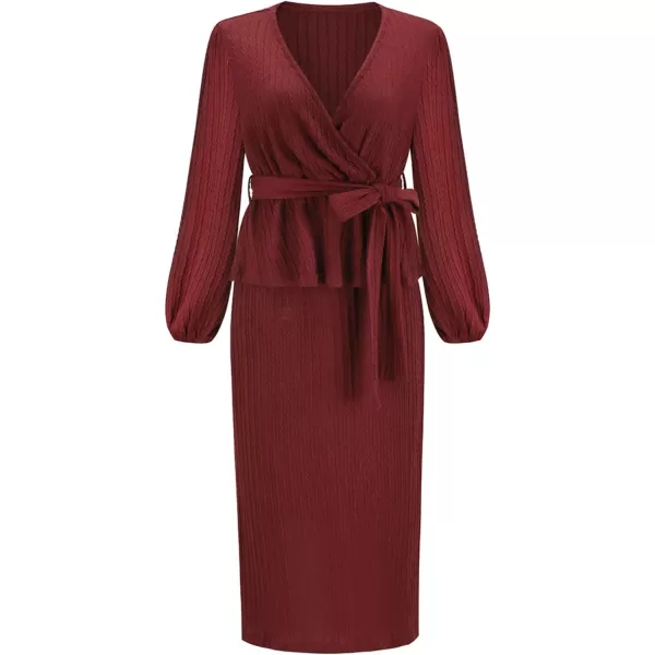 CHARTOU Women 2 Piece Knit Skirt Set Office Work Peplum Sweater Skirt Set Outfits with Belt