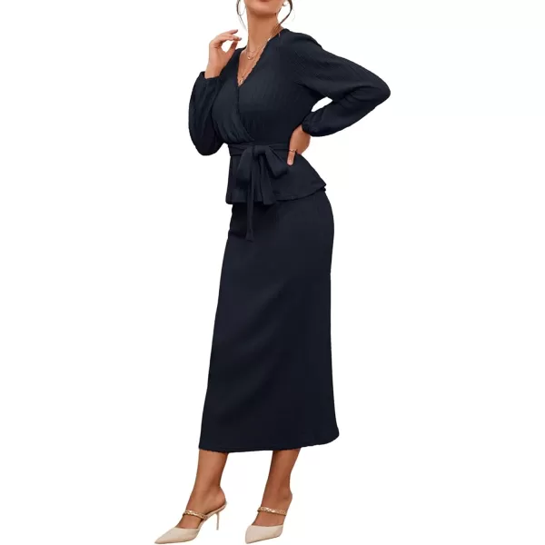 CHARTOU Women 2 Piece Knit Skirt Set Office Work Peplum Sweater Skirt Set Outfits with Belt