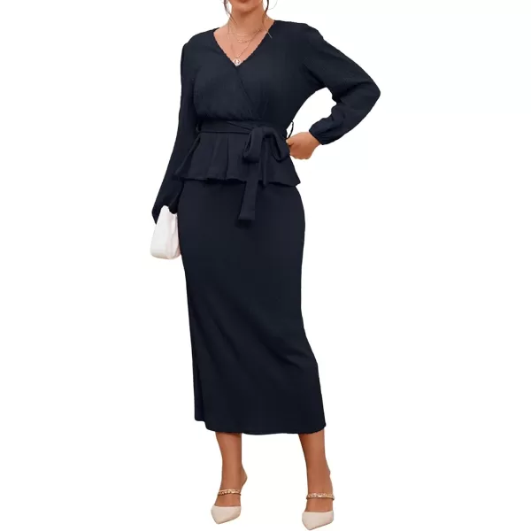 CHARTOU Women 2 Piece Knit Skirt Set Office Work Peplum Sweater Skirt Set Outfits with Belt