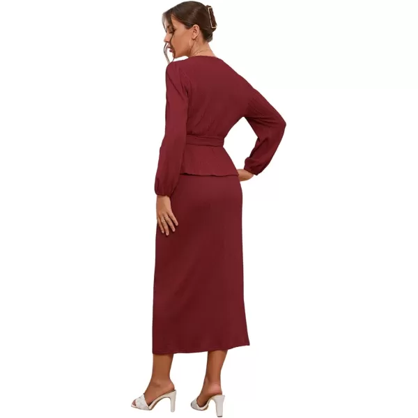 CHARTOU Women 2 Piece Knit Skirt Set Office Work Peplum Sweater Skirt Set Outfits with Belt