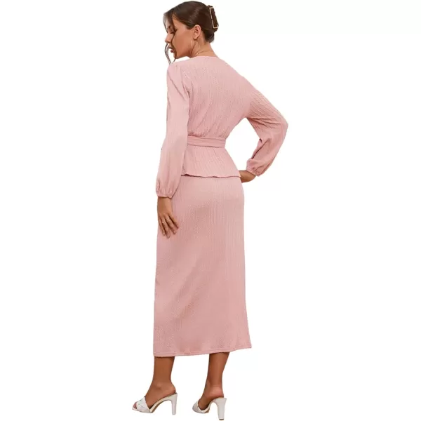 CHARTOU Women 2 Piece Knit Skirt Set Office Work Peplum Sweater Skirt Set Outfits with Belt