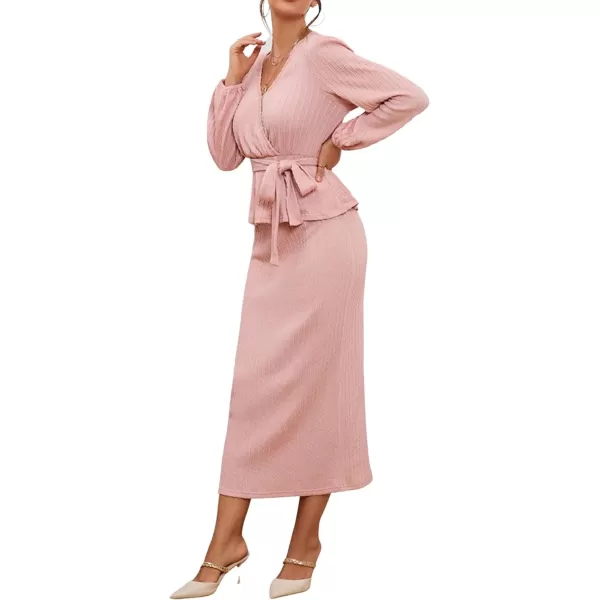 CHARTOU Women 2 Piece Knit Skirt Set Office Work Peplum Sweater Skirt Set Outfits with Belt