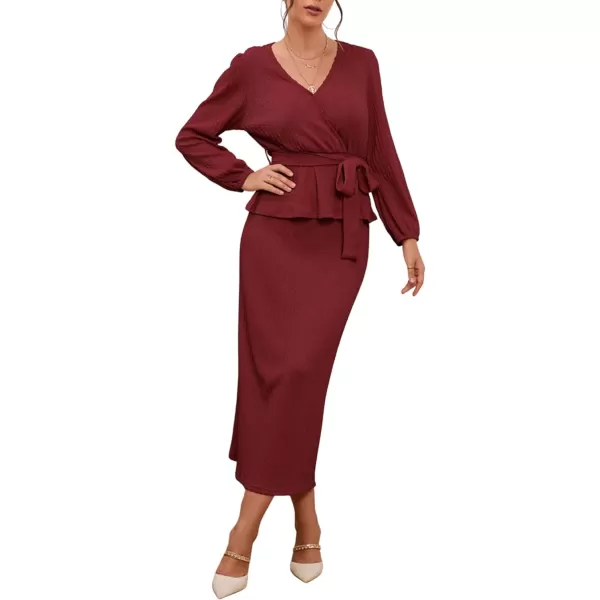 CHARTOU Women 2 Piece Knit Skirt Set Office Work Peplum Sweater Skirt Set Outfits with Belt