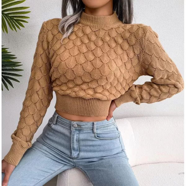 CHARTOU Women Slim Cable Knit Cropped Sweater Mock Neck Knitted Crop Top Sweater Pullover