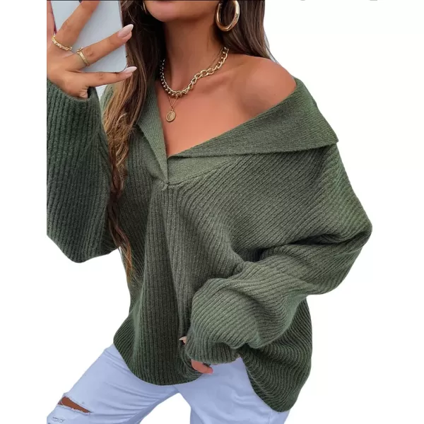 CHARTOU Women's Casual Shawl Collar Drop Shoulder Knitted Ribbed Sweater Jersey Jumper Tops
