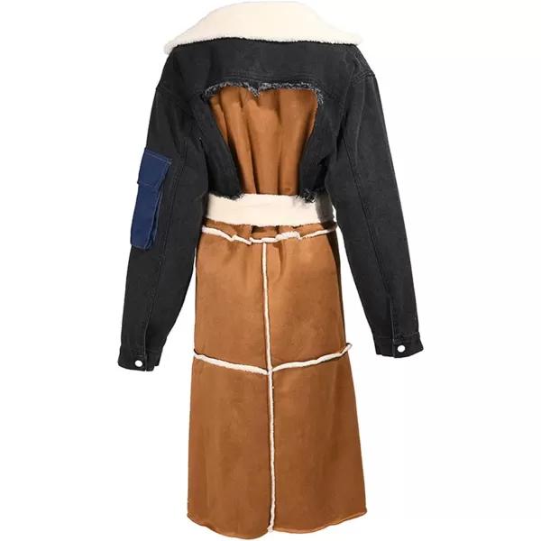 CHARTOU Women's Chic Sherpa Fleece Ripped Distressed Belt Quilted Denim Trench Coat Overcoat