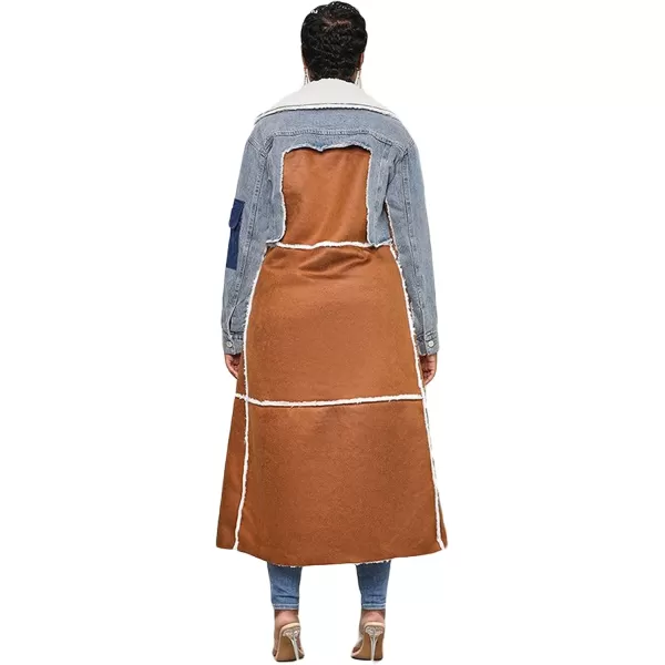 CHARTOU Women's Chic Sherpa Fleece Ripped Distressed Belt Quilted Denim Trench Coat Overcoat