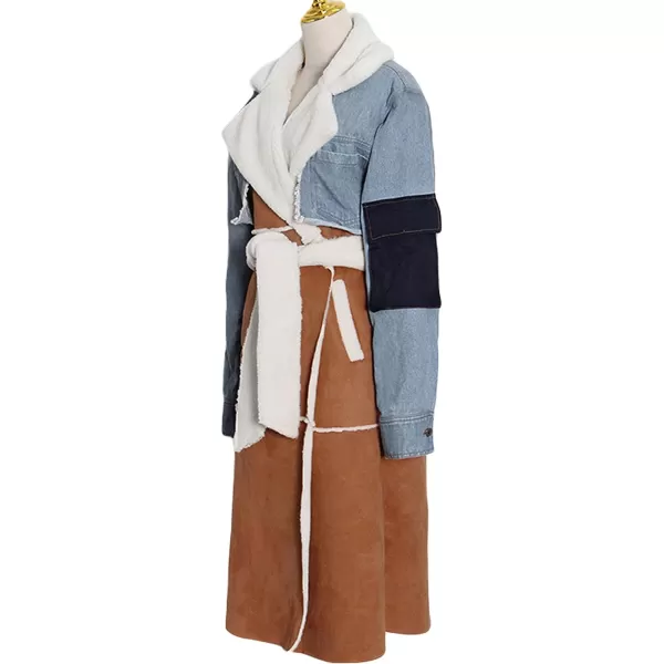 CHARTOU Women's Chic Sherpa Fleece Ripped Distressed Belt Quilted Denim Trench Coat Overcoat