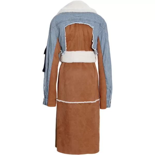 CHARTOU Women's Chic Sherpa Fleece Ripped Distressed Belt Quilted Denim Trench Coat Overcoat