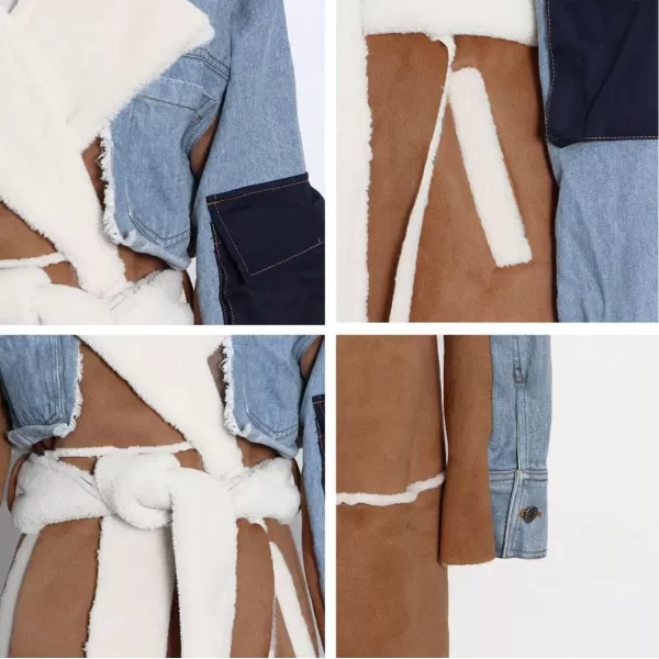 CHARTOU Women's Chic Sherpa Fleece Ripped Distressed Belt Quilted Denim Trench Coat Overcoat