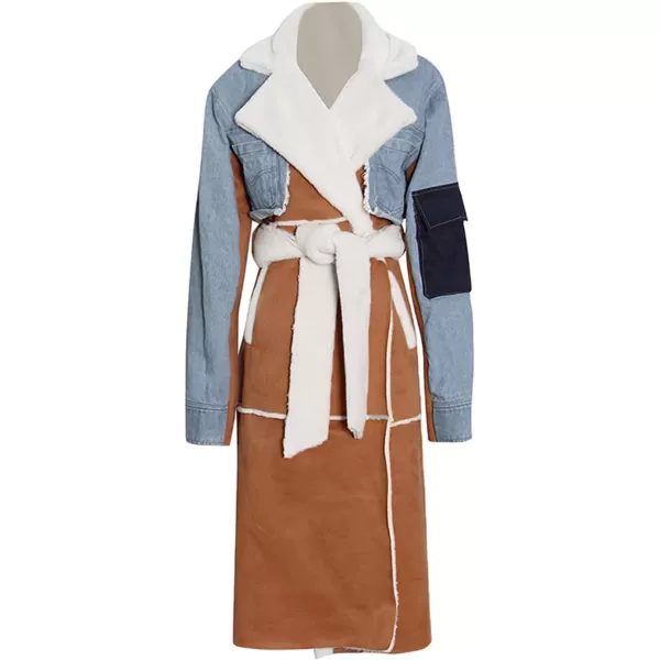 CHARTOU Women's Chic Sherpa Fleece Ripped Distressed Belt Quilted Denim Trench Coat Overcoat