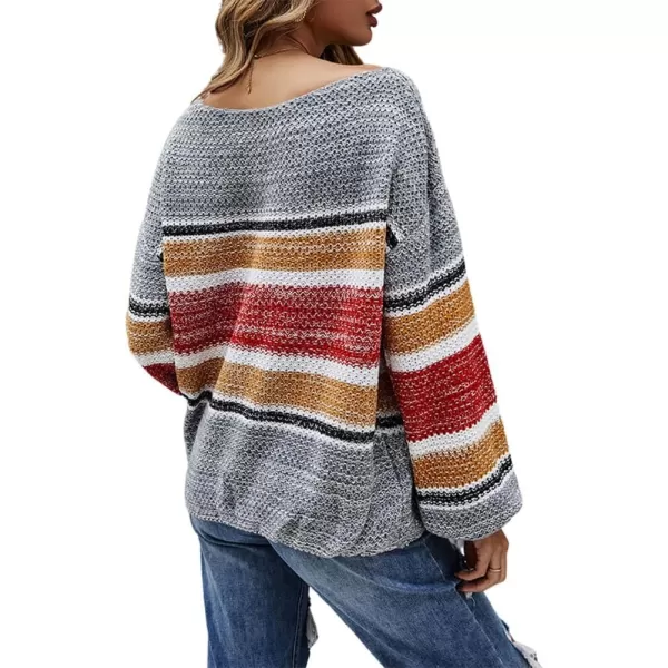 CHARTOU Women's Color Block Hollow Out Off Shoulder Lightweight Lantern Sleeve Striped Pullover Sweater Tops