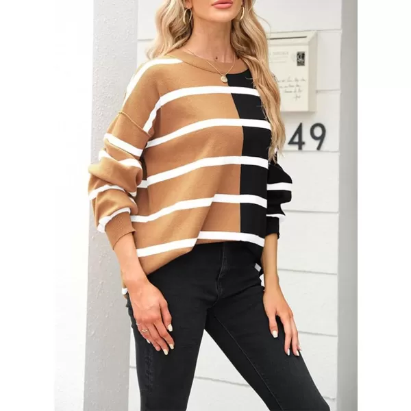 CHARTOU Women's Color Block Patchwork Knitwear Slouchy Striped Lantern Sleeve Pullover Sweater Tops