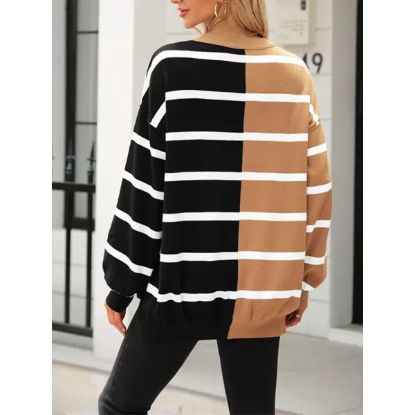 CHARTOU Women's Color Block Patchwork Knitwear Slouchy Striped Lantern Sleeve Pullover Sweater Tops