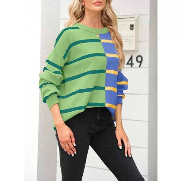CHARTOU Women's Color Block Patchwork Knitwear Slouchy Striped Lantern Sleeve Pullover Sweater Tops
