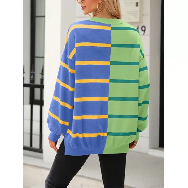 CHARTOU Women's Color Block Patchwork Knitwear Slouchy Striped Lantern Sleeve Pullover Sweater Tops