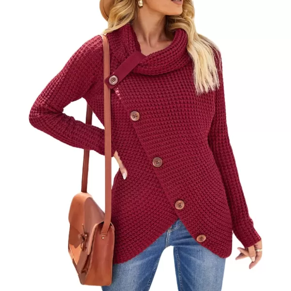 CHARTOU Women's Cowl Neck Knit Waffle Sweater Irregular Hem Slant Button Up Pullover Knitwear