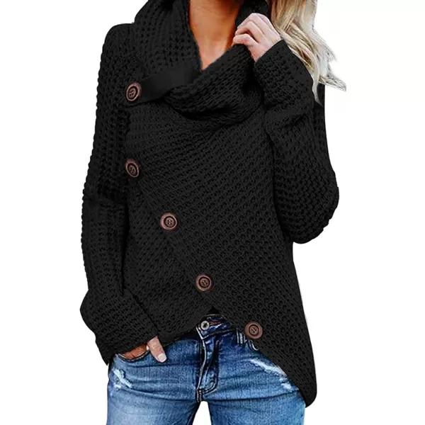 CHARTOU Women's Cowl Neck Knit Waffle Sweater Irregular Hem Slant Button Up Pullover Knitwear