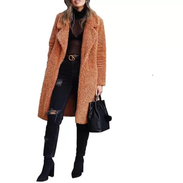 CHARTOU Women's Fuzzy Sherpa Fleece Notched Lapel Oversized Overcoat Trench Coat