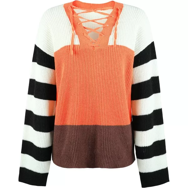 CHARTOU Women's Lace Up V-Neck Color Block Stripes Slouchy Knitwear Pullover Sweater