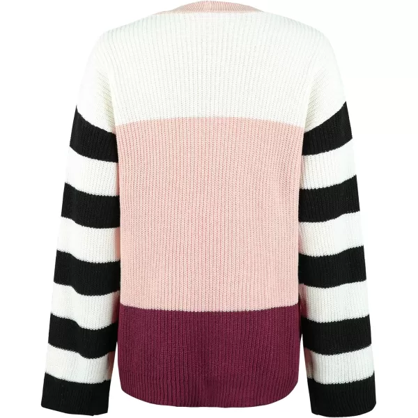 CHARTOU Women's Lace Up V-Neck Color Block Stripes Slouchy Knitwear Pullover Sweater