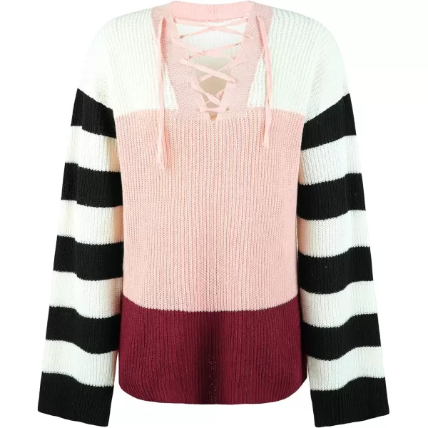 CHARTOU Women's Lace Up V-Neck Color Block Stripes Slouchy Knitwear Pullover Sweater