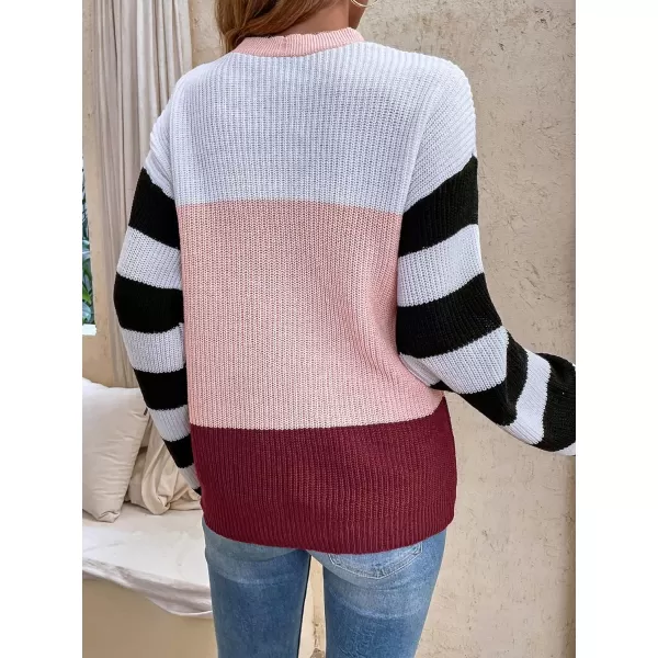 CHARTOU Women's Lace Up V-Neck Color Block Stripes Slouchy Knitwear Pullover Sweater