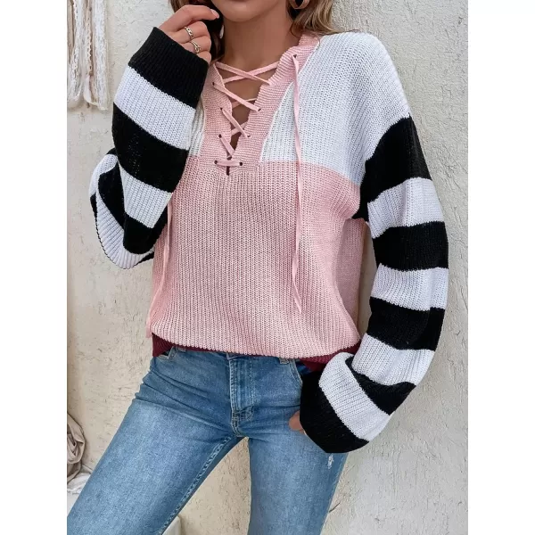 CHARTOU Women's Lace Up V-Neck Color Block Stripes Slouchy Knitwear Pullover Sweater