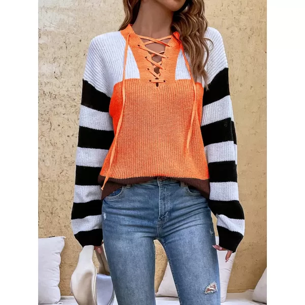 CHARTOU Women's Lace Up V-Neck Color Block Stripes Slouchy Knitwear Pullover Sweater