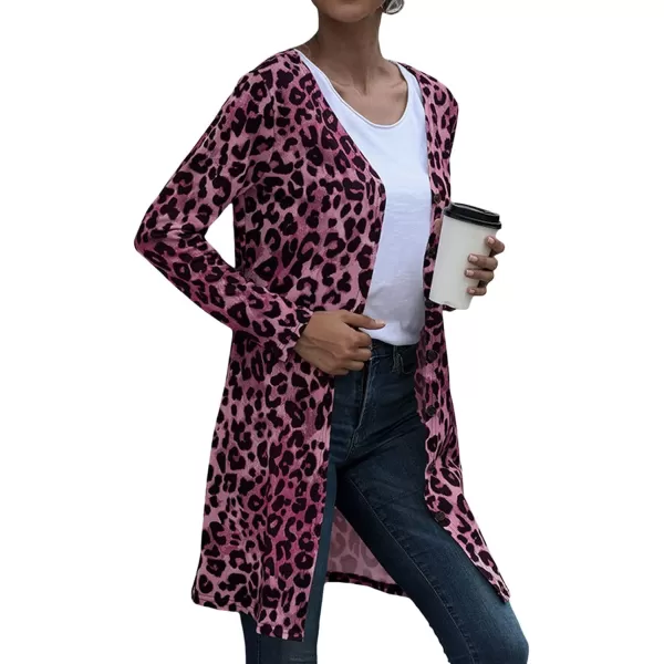 CHARTOU Women's Lightweight Button Down Leopard Print Draped Open Front Cardigan Duster