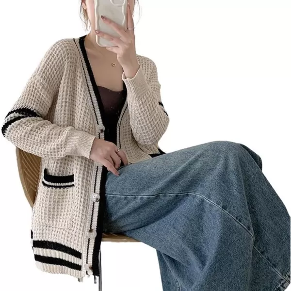CHARTOU Women's Oversized Open Front Cardigan Button Down Stripes Slouchy Waffle Knit Sweater