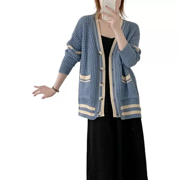 CHARTOU Women's Oversized Open Front Cardigan Button Down Stripes Slouchy Waffle Knit Sweater