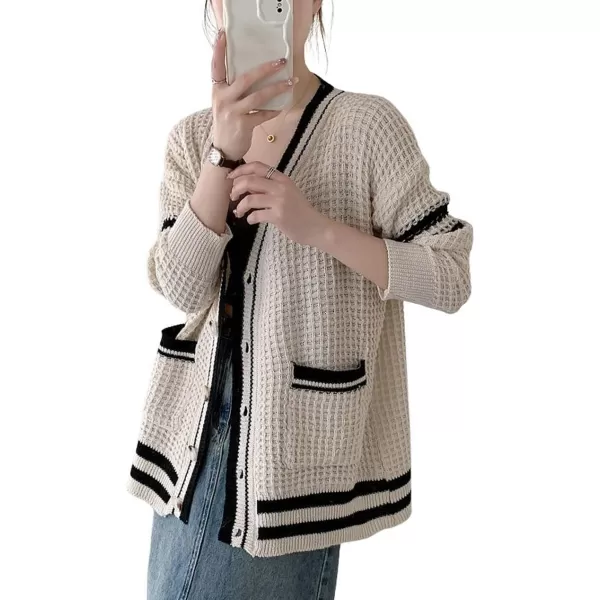 CHARTOU Women's Oversized Open Front Cardigan Button Down Stripes Slouchy Waffle Knit Sweater