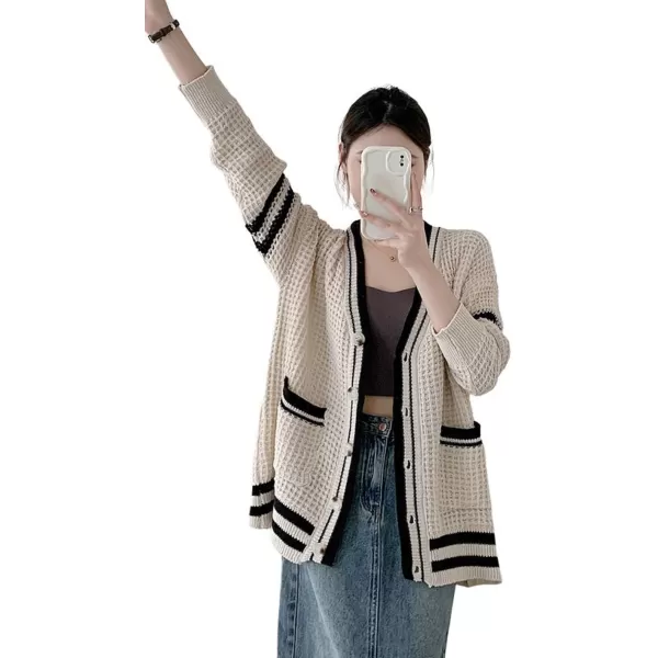 CHARTOU Women's Oversized Open Front Cardigan Button Down Stripes Slouchy Waffle Knit Sweater