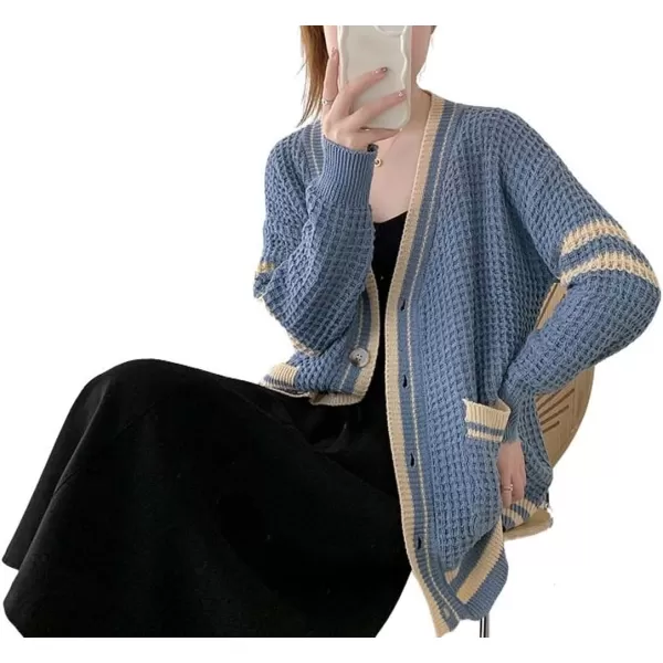 CHARTOU Women's Oversized Open Front Cardigan Button Down Stripes Slouchy Waffle Knit Sweater